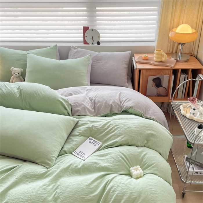 91家纺网 家纺一手货源 找家纺 古吉梦 2023新款纯色-双拼水洗棉四件套 纯色-灰绿+山灰