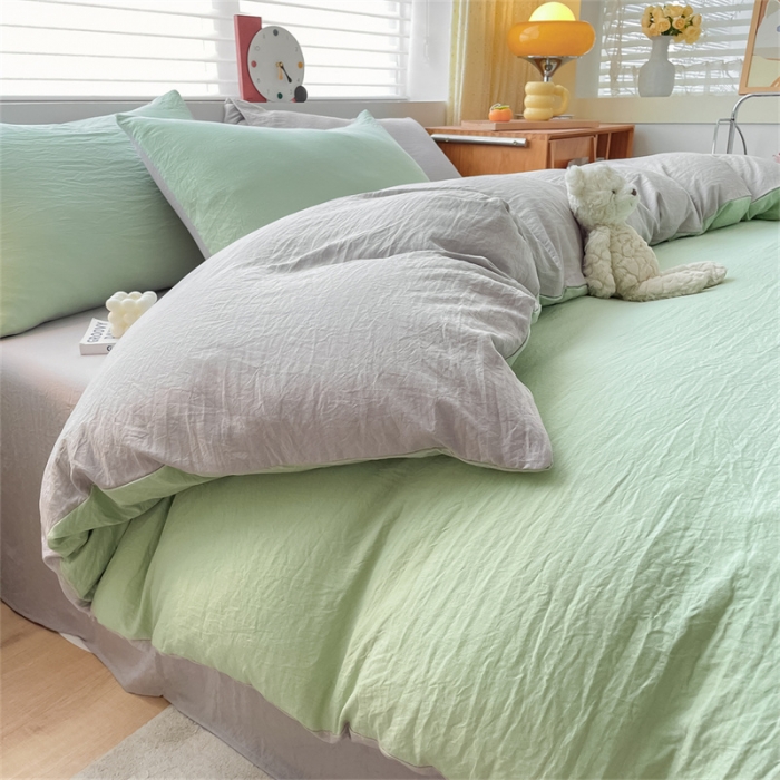 91家纺网 家纺一手货源 找家纺 古吉梦 2023新款纯色-双拼水洗棉四件套 纯色-灰绿+山灰