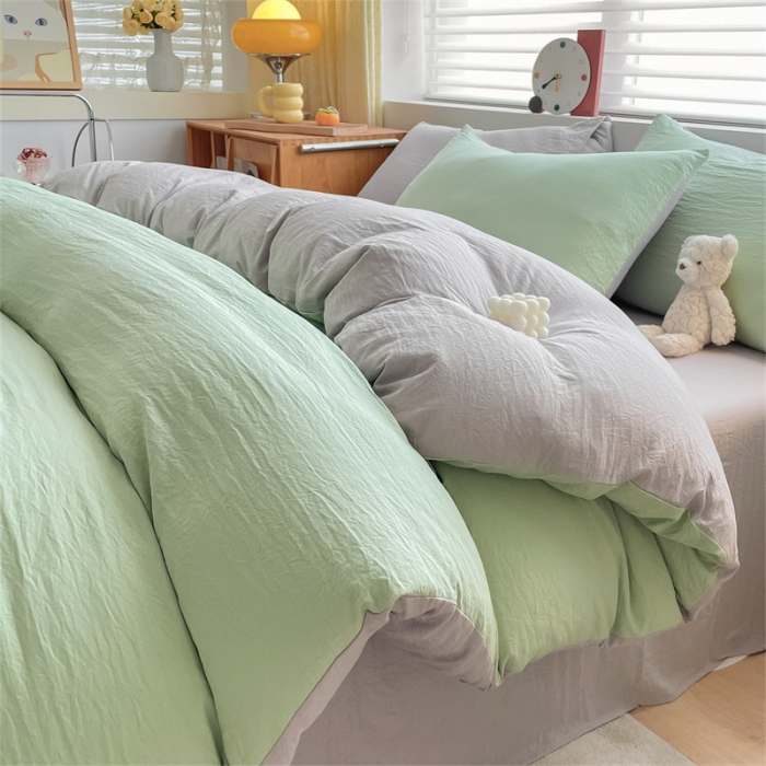 91家纺网 家纺一手货源 找家纺 古吉梦 2023新款纯色-双拼水洗棉四件套 纯色-灰绿+山灰