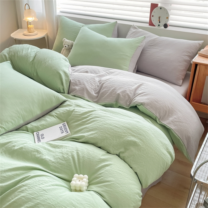 91家纺网 家纺一手货源 找家纺 古吉梦 2023新款纯色-双拼水洗棉四件套 纯色-灰绿+山灰