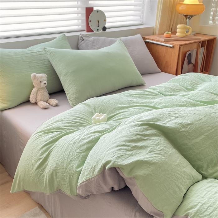 91家纺网 家纺一手货源 找家纺 古吉梦 2023新款纯色-双拼水洗棉四件套 纯色-灰绿+山灰