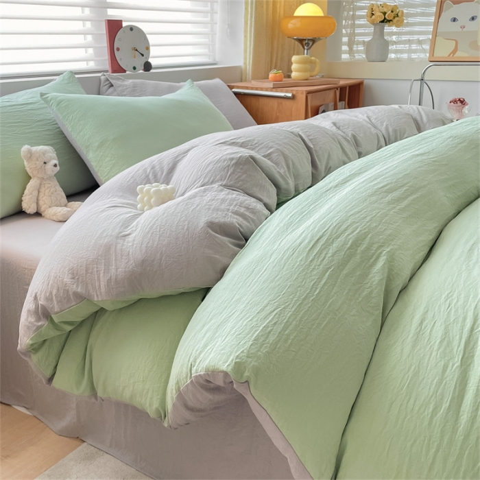 91家纺网 家纺一手货源 找家纺 古吉梦 2023新款纯色-双拼水洗棉四件套 纯色-灰绿+山灰