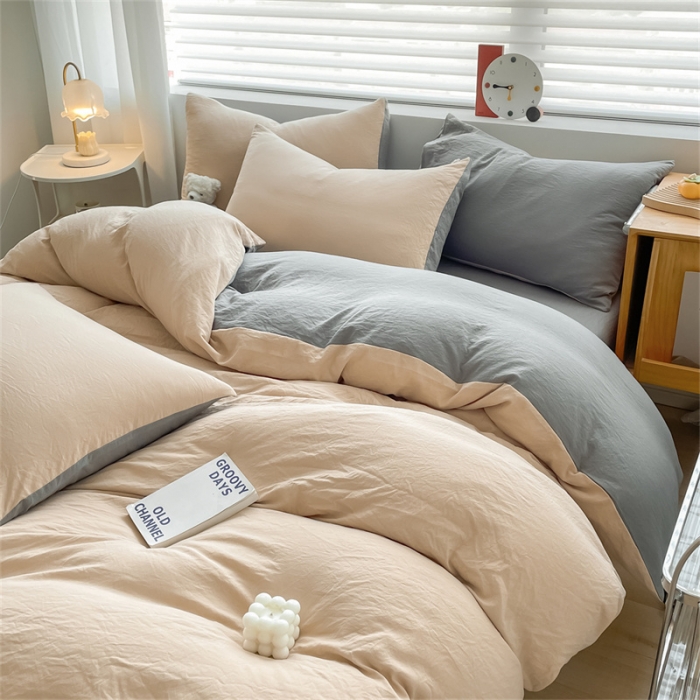 91家纺网 家纺一手货源 找家纺 古吉梦 2023新款纯色-双拼水洗棉四件套 纯色-奶茶+中灰