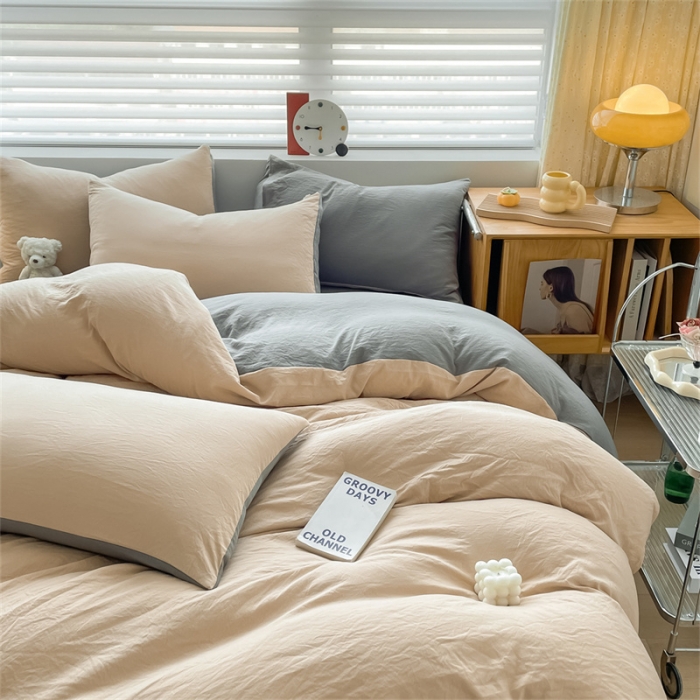 91家纺网 家纺一手货源 找家纺 古吉梦 2023新款纯色-双拼水洗棉四件套 纯色-奶茶+中灰