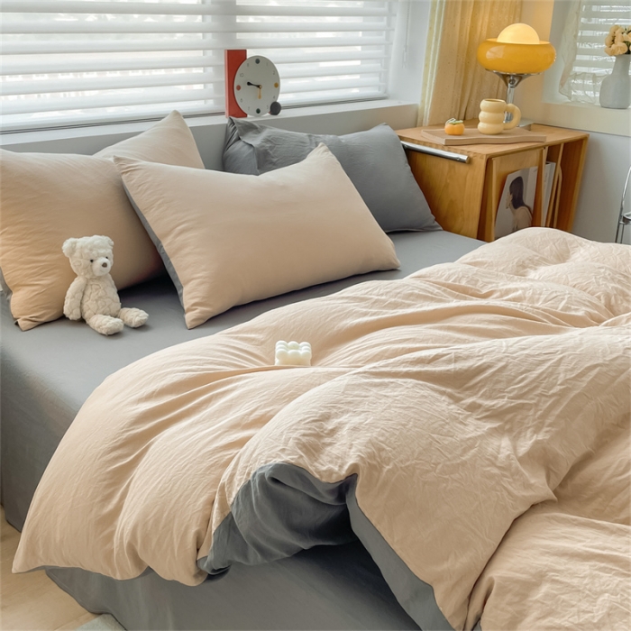 91家纺网 家纺一手货源 找家纺 古吉梦 2023新款纯色-双拼水洗棉四件套 纯色-奶茶+中灰