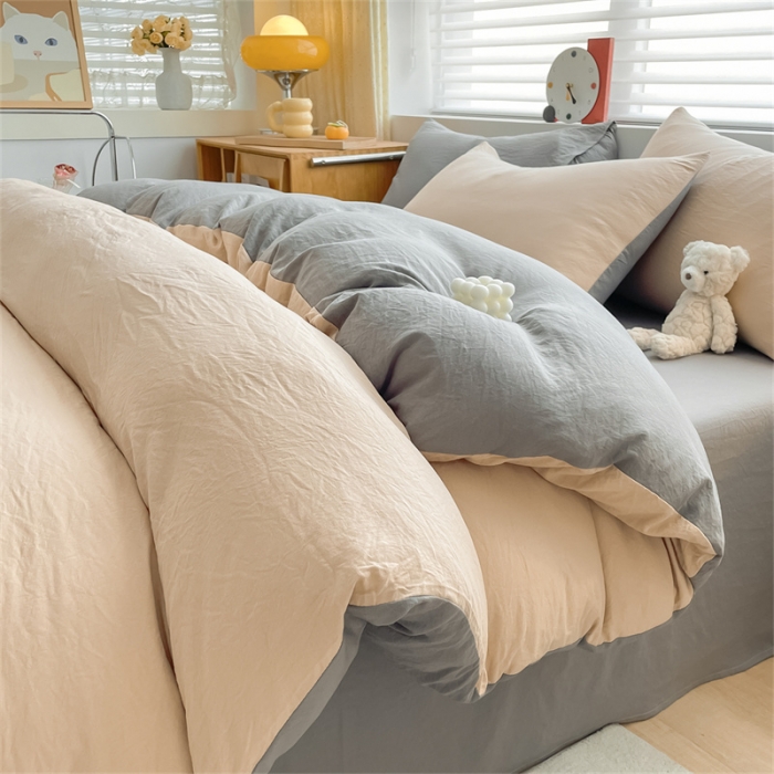 91家纺网 家纺一手货源 找家纺 古吉梦 2023新款纯色-双拼水洗棉四件套 纯色-奶茶+中灰