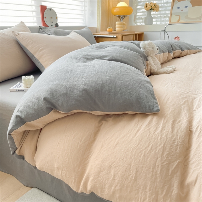 91家纺网 家纺一手货源 找家纺 古吉梦 2023新款纯色-双拼水洗棉四件套 纯色-奶茶+中灰