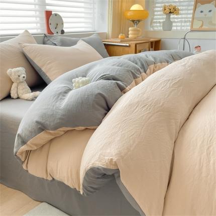 古吉梦 2023新款纯色-双拼水洗棉四件套 纯色-奶茶+中灰