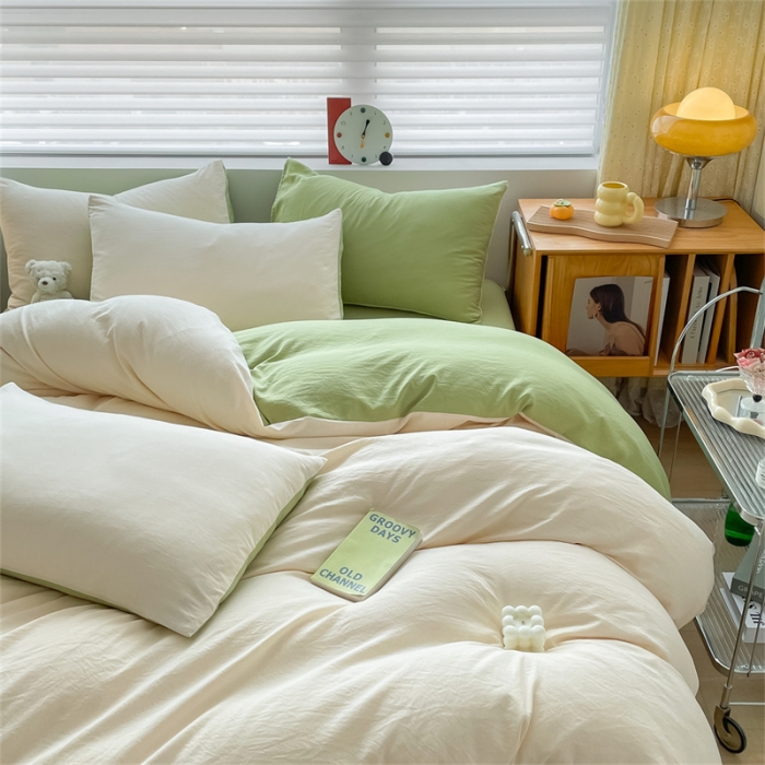 91家纺网 家纺一手货源 找家纺 古吉梦 2023新款纯色-双拼水洗棉四件套 纯色-奶昔白+果绿