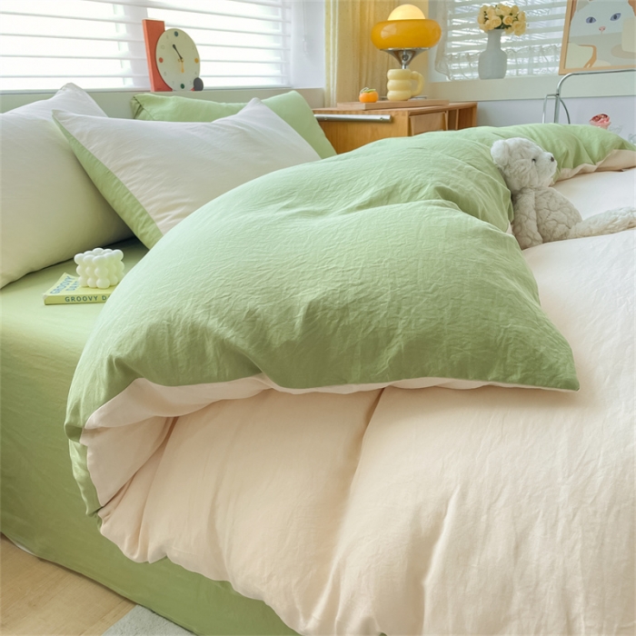 91家纺网 家纺一手货源 找家纺 古吉梦 2023新款纯色-双拼水洗棉四件套 纯色-奶昔白+果绿