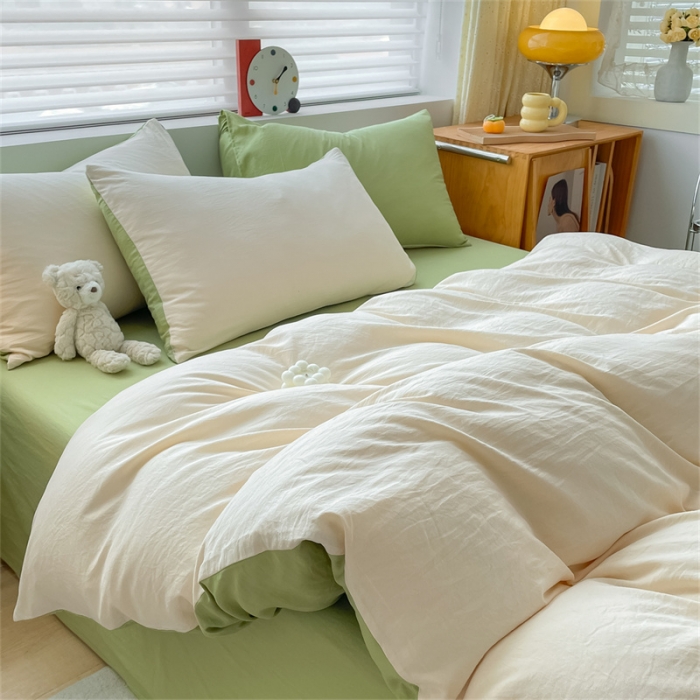 91家纺网 家纺一手货源 找家纺 古吉梦 2023新款纯色-双拼水洗棉四件套 纯色-奶昔白+果绿