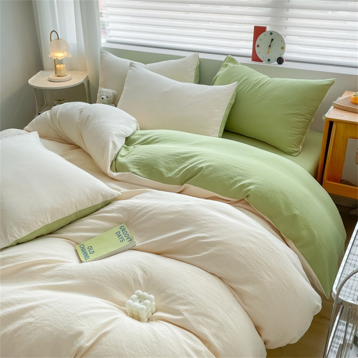 91家纺网 家纺一手货源 找家纺 古吉梦 2023新款纯色-双拼水洗棉四件套 纯色-奶昔白+果绿