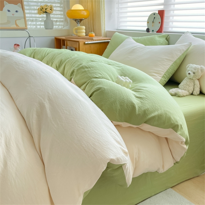 91家纺网 家纺一手货源 找家纺 古吉梦 2023新款纯色-双拼水洗棉四件套 纯色-奶昔白+果绿