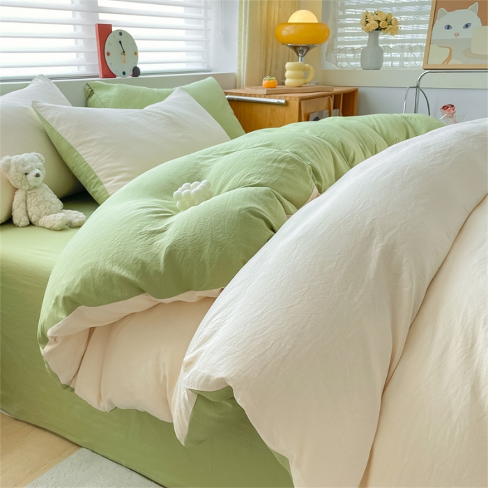 91家纺网 家纺一手货源 找家纺 古吉梦 2023新款纯色-双拼水洗棉四件套 纯色-奶昔白+果绿