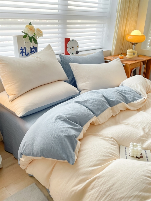 91家纺网 家纺一手货源 找家纺 古吉梦 2023新款纯色-双拼水洗棉四件套 纯色-奶昔白+海青