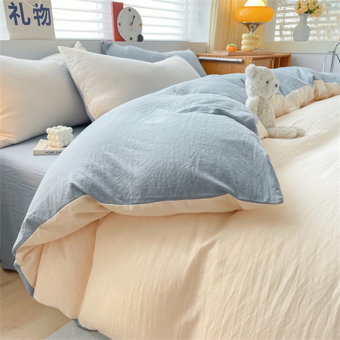 91家纺网 家纺一手货源 找家纺 古吉梦 2023新款纯色-双拼水洗棉四件套 纯色-奶昔白+海青