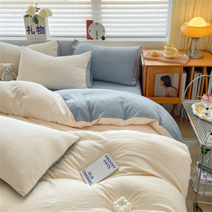 91家纺网 家纺一手货源 找家纺 古吉梦 2023新款纯色-双拼水洗棉四件套 纯色-奶昔白+海青
