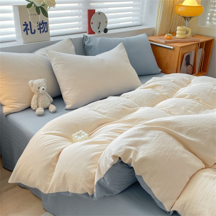 91家纺网 家纺一手货源 找家纺 古吉梦 2023新款纯色-双拼水洗棉四件套 纯色-奶昔白+海青