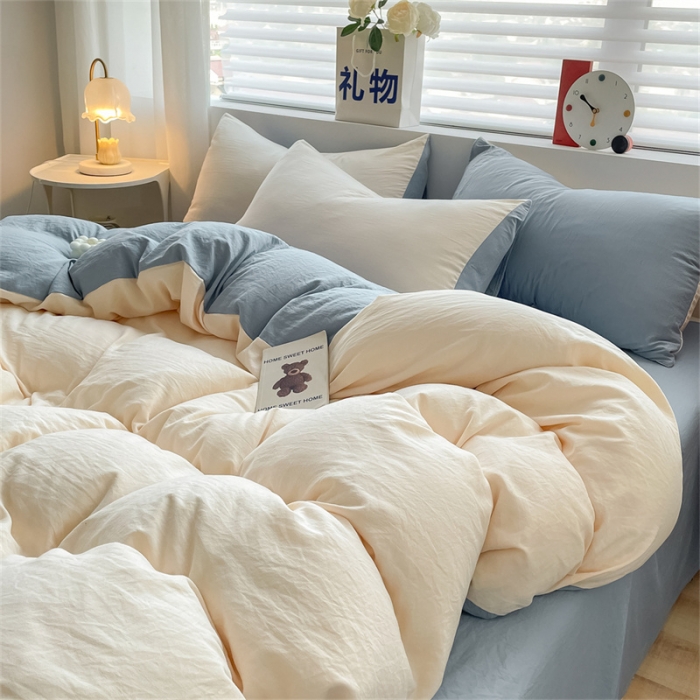 91家纺网 家纺一手货源 找家纺 古吉梦 2023新款纯色-双拼水洗棉四件套 纯色-奶昔白+海青