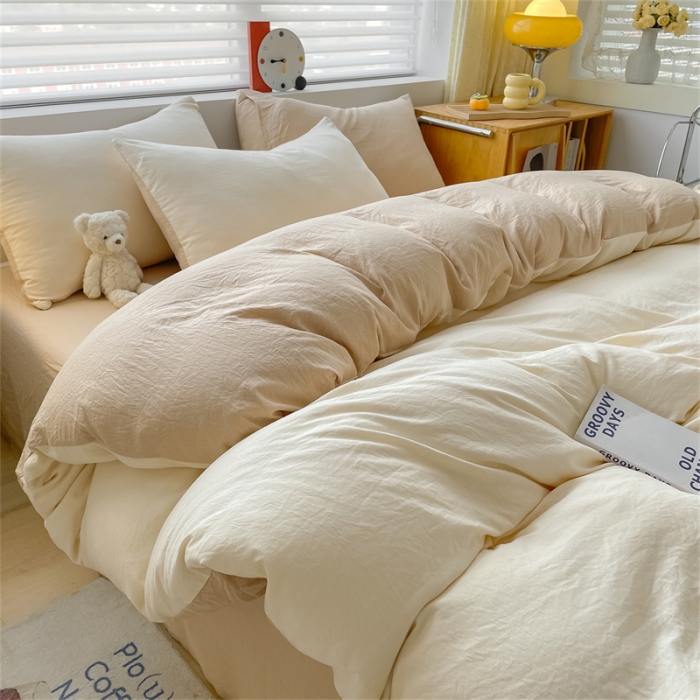 91家纺网 家纺一手货源 找家纺 古吉梦 2023新款纯色-双拼水洗棉四件套 纯色-奶昔白+奶茶