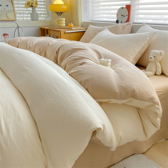 91家纺网 家纺一手货源 找家纺 古吉梦 2023新款纯色-双拼水洗棉四件套 纯色-奶昔白+奶茶