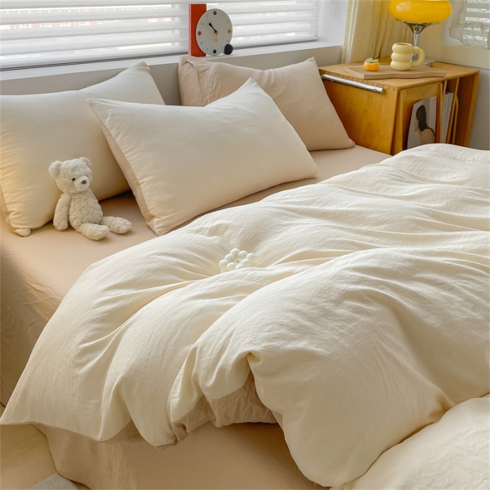 91家纺网 家纺一手货源 找家纺 古吉梦 2023新款纯色-双拼水洗棉四件套 纯色-奶昔白+奶茶