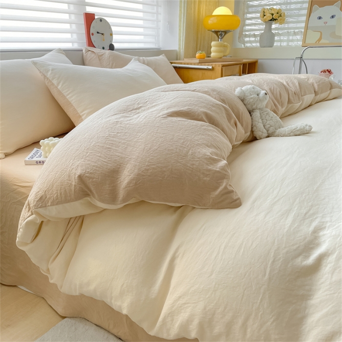 91家纺网 家纺一手货源 找家纺 古吉梦 2023新款纯色-双拼水洗棉四件套 纯色-奶昔白+奶茶