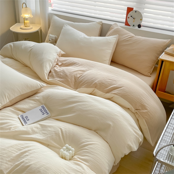 91家纺网 家纺一手货源 找家纺 古吉梦 2023新款纯色-双拼水洗棉四件套 纯色-奶昔白+奶茶