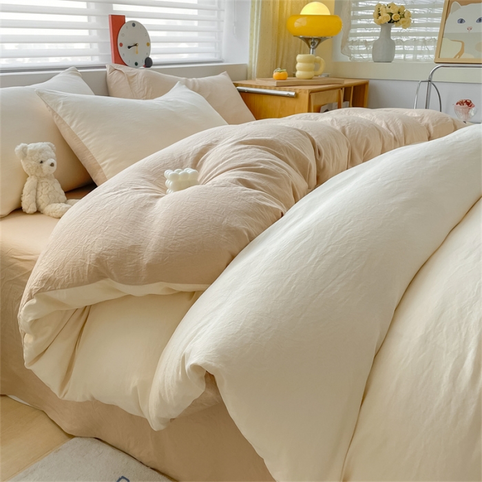 91家纺网 家纺一手货源 找家纺 古吉梦 2023新款纯色-双拼水洗棉四件套 纯色-奶昔白+奶茶