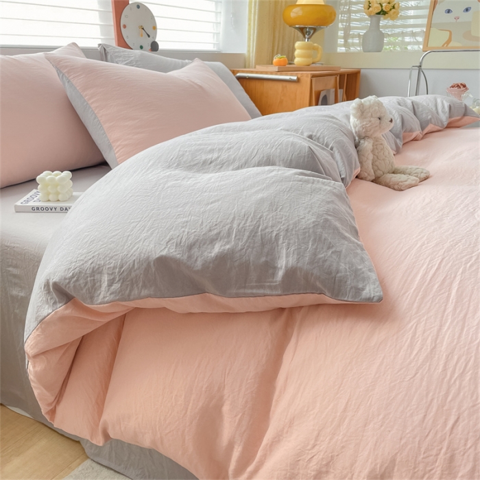 91家纺网 家纺一手货源 找家纺 古吉梦 2023新款纯色-双拼水洗棉四件套 纯色-奶油粉+山灰