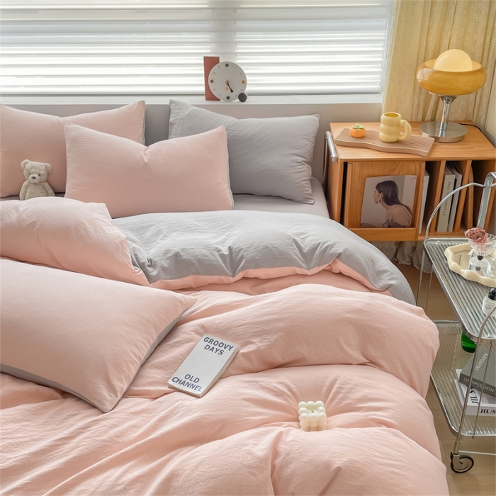 91家纺网 家纺一手货源 找家纺 古吉梦 2023新款纯色-双拼水洗棉四件套 纯色-奶油粉+山灰