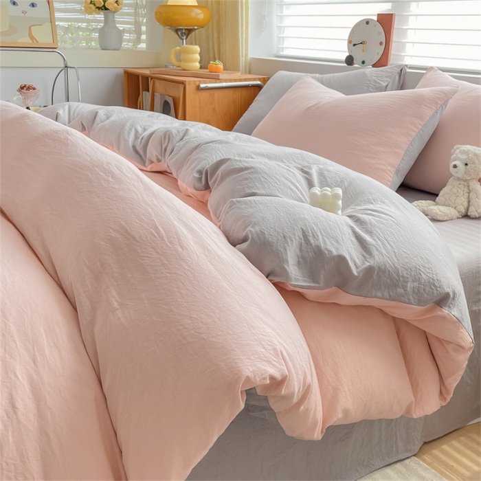 91家纺网 家纺一手货源 找家纺 古吉梦 2023新款纯色-双拼水洗棉四件套 纯色-奶油粉+山灰