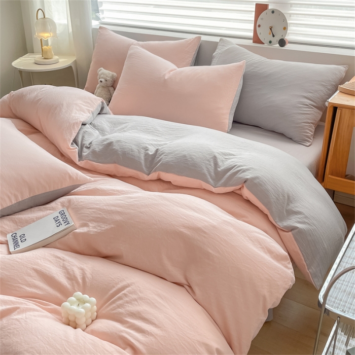 91家纺网 家纺一手货源 找家纺 古吉梦 2023新款纯色-双拼水洗棉四件套 纯色-奶油粉+山灰