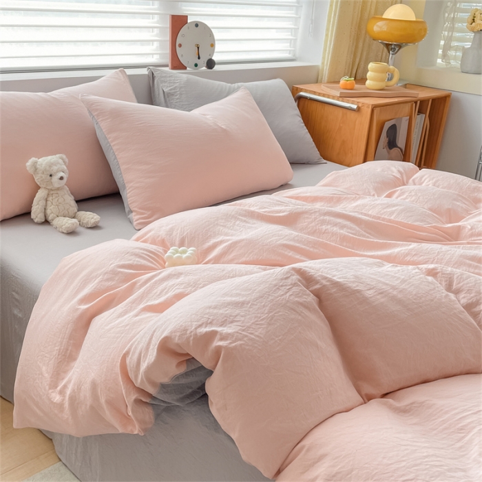 91家纺网 家纺一手货源 找家纺 古吉梦 2023新款纯色-双拼水洗棉四件套 纯色-奶油粉+山灰