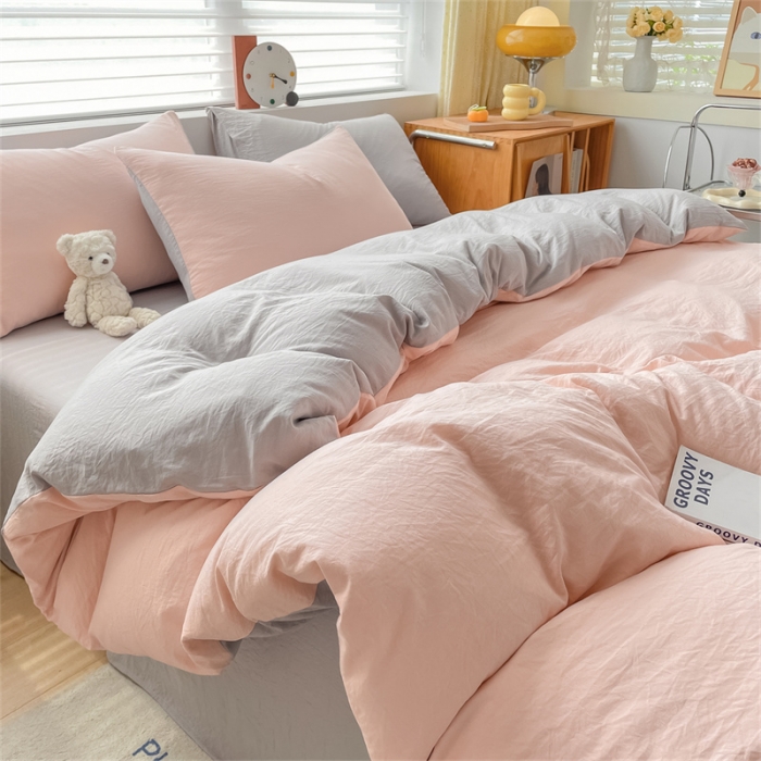 91家纺网 家纺一手货源 找家纺 古吉梦 2023新款纯色-双拼水洗棉四件套 纯色-奶油粉+山灰