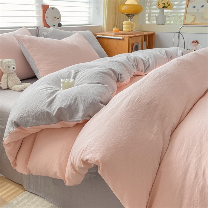 91家纺网 家纺一手货源 找家纺 古吉梦 2023新款纯色-双拼水洗棉四件套 纯色-奶油粉+山灰