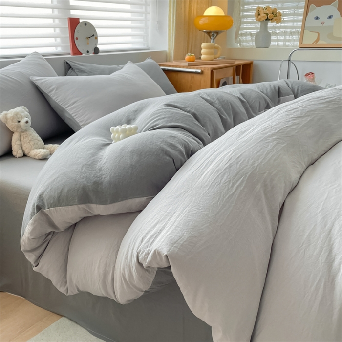 91家纺网 家纺一手货源 找家纺 古吉梦 2023新款纯色-双拼水洗棉四件套 纯色-山灰+中灰