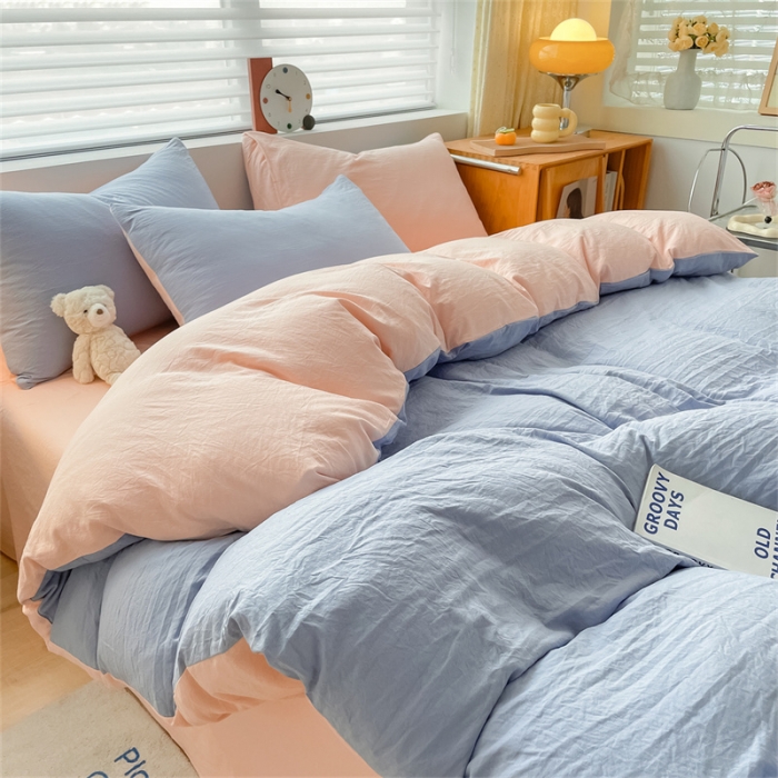 91家纺网 家纺一手货源 找家纺 古吉梦 2023新款纯色-双拼水洗棉四件套 纯色-星黛紫+奶油粉