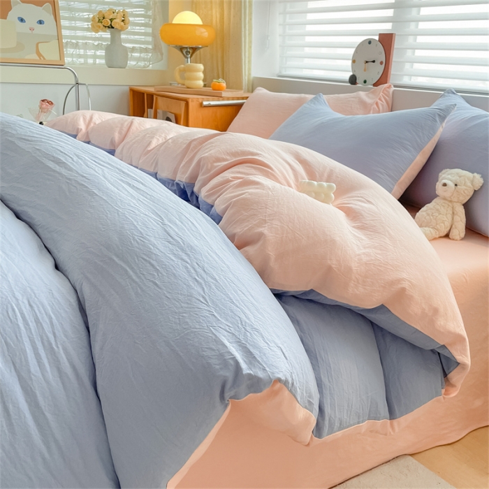 91家纺网 家纺一手货源 找家纺 古吉梦 2023新款纯色-双拼水洗棉四件套 纯色-星黛紫+奶油粉