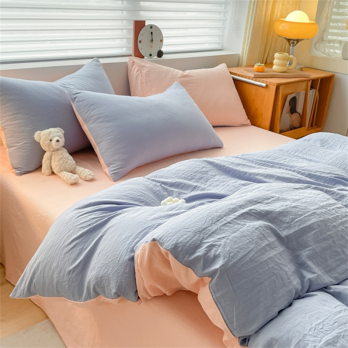 91家纺网 家纺一手货源 找家纺 古吉梦 2023新款纯色-双拼水洗棉四件套 纯色-星黛紫+奶油粉