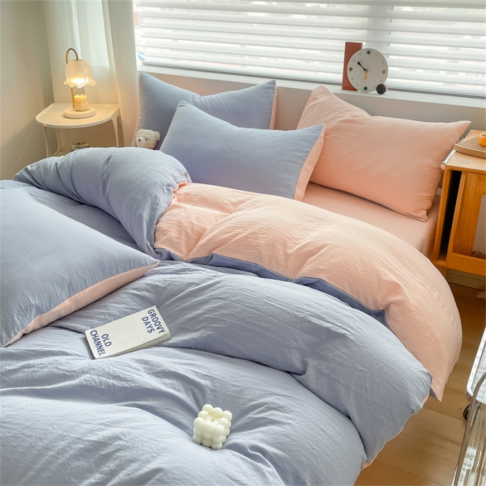 91家纺网 家纺一手货源 找家纺 古吉梦 2023新款纯色-双拼水洗棉四件套 纯色-星黛紫+奶油粉