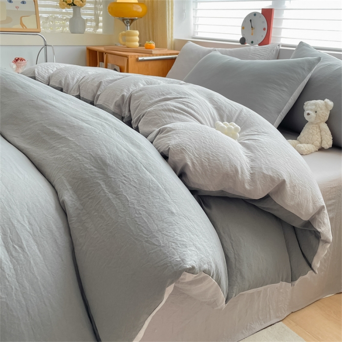 91家纺网 家纺一手货源 找家纺 古吉梦 2023新款纯色-双拼水洗棉四件套 纯色-中灰+山灰