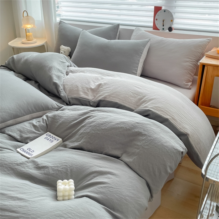 91家纺网 家纺一手货源 找家纺 古吉梦 2023新款纯色-双拼水洗棉四件套 纯色-中灰+山灰