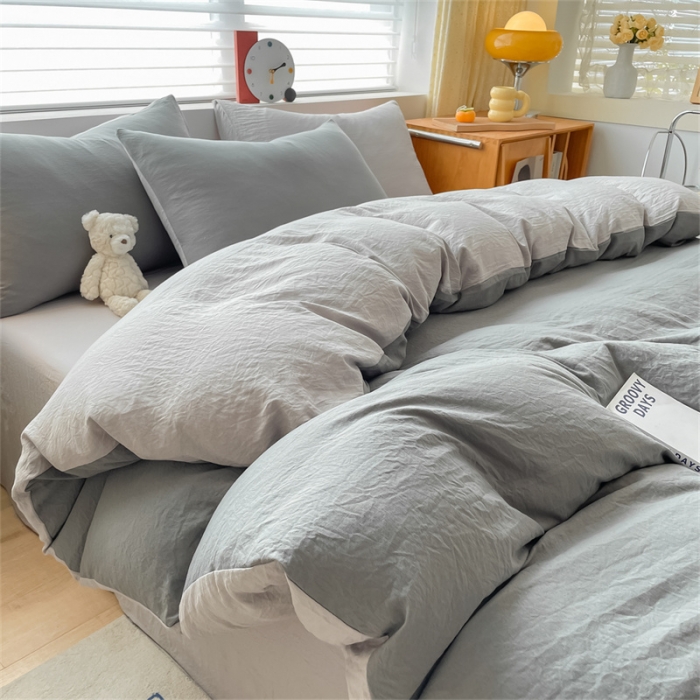 91家纺网 家纺一手货源 找家纺 古吉梦 2023新款纯色-双拼水洗棉四件套 纯色-中灰+山灰