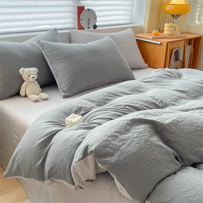 91家纺网 家纺一手货源 找家纺 古吉梦 2023新款纯色-双拼水洗棉四件套 纯色-中灰+山灰