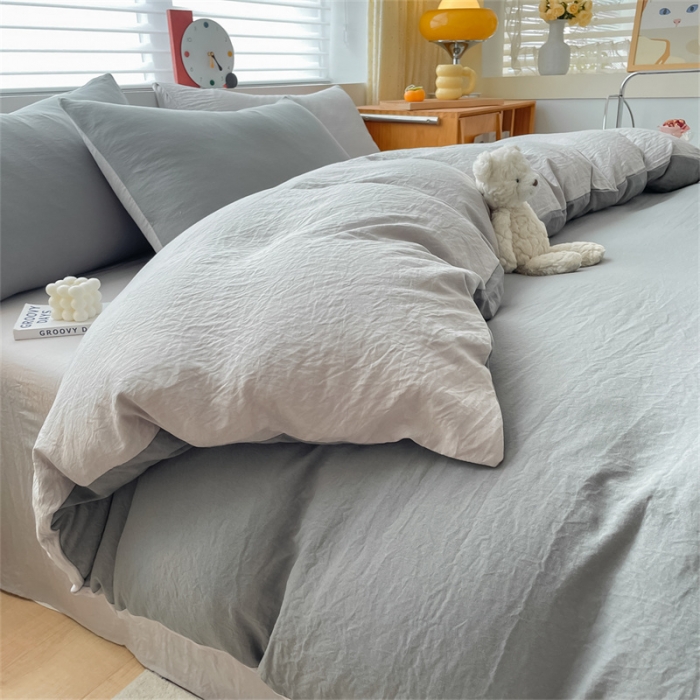91家纺网 家纺一手货源 找家纺 古吉梦 2023新款纯色-双拼水洗棉四件套 纯色-中灰+山灰