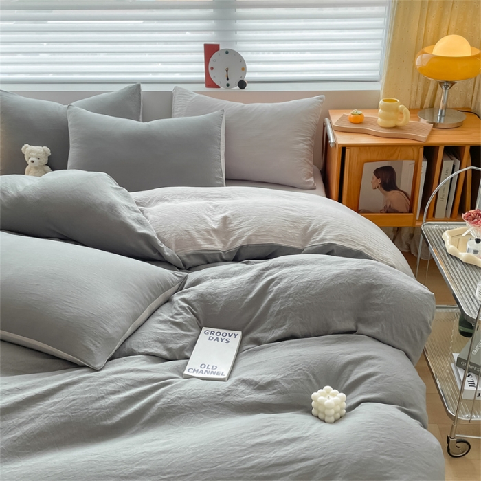 91家纺网 家纺一手货源 找家纺 古吉梦 2023新款纯色-双拼水洗棉四件套 纯色-中灰+山灰