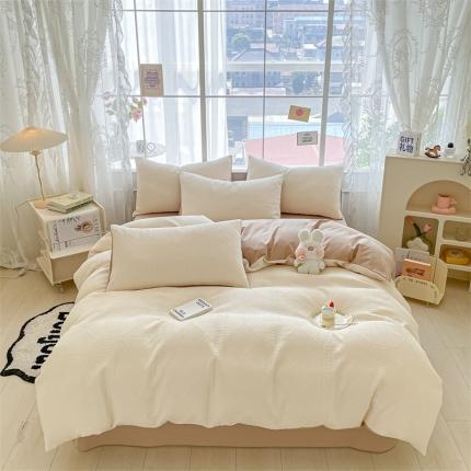 91家纺网 家纺一手货源 找家纺 慕色家纺 2023新款A类全棉三层纱四件套 三层纱-奶昔白+奶茶