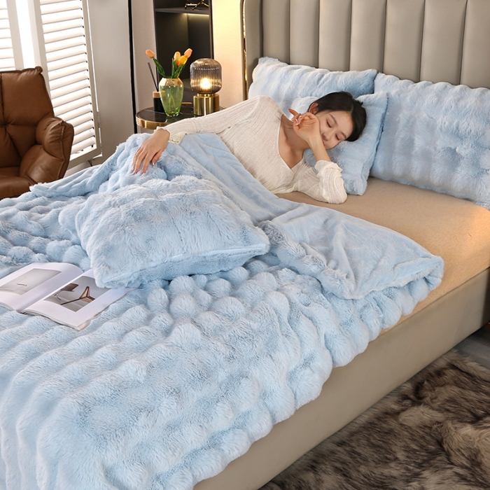 91家纺网 家纺一手货源 找家纺 高端仿皮草兔毛绒盖毯冬季儿童加厚毛毯汽车办公室单人午睡沙发搭腿毯 幽兰