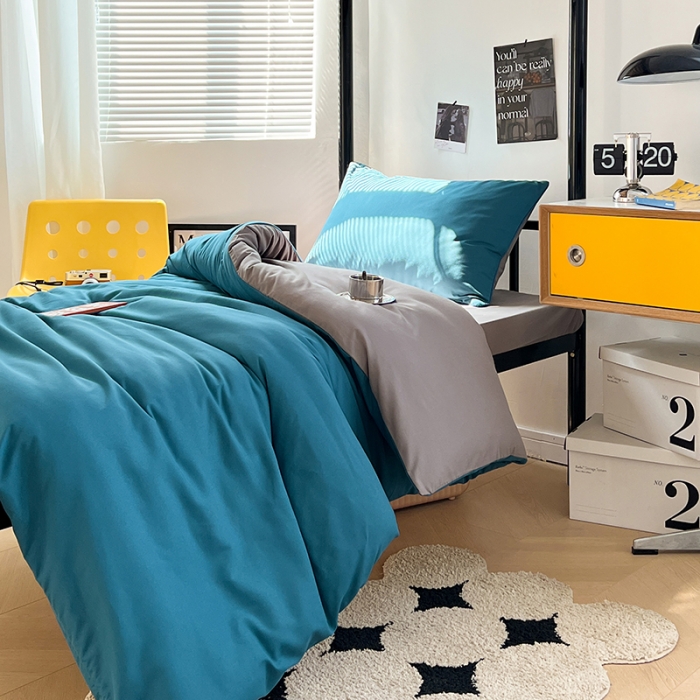 91家纺网 家纺一手货源 找家纺 蓝淋家纺 2023新款水洗棉学生宿舍亲肤三件套四件套 宝蓝灰